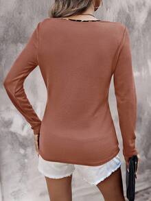 EMERY ROSE Women's Leopard Patchwork Simple Daily Notch Neck Long Sleeve T-Shirt Graphic Cheetah Print Tees Women Tops For Spring - Burnt Orange - View 2