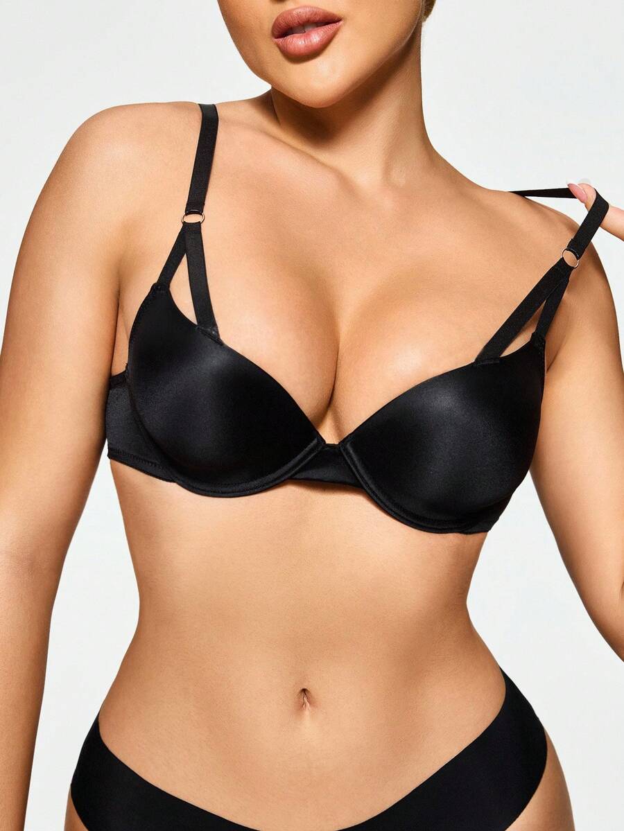 SHAPORA 1 件黑色钢圈塑形 3/4 罩杯聚拢文胸，交叉肩带，性感暴露，女士内衣文胸，适合日常、办公室和家居穿着，S 形 - 黑色 - 查看 1