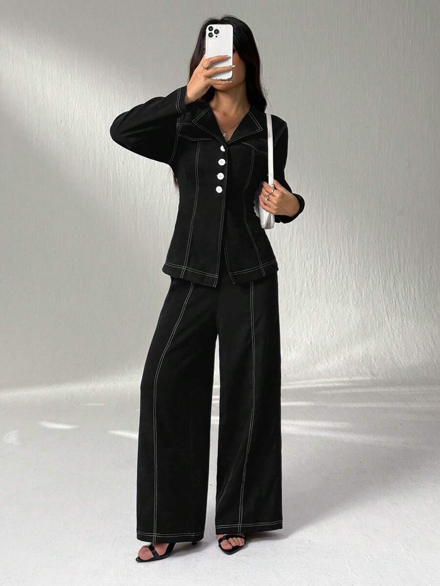 SHEIN PETITE 纽扣长袖衬衫和休闲裤套装 - 黑色 - 查看 1