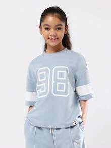 SUMWON Conjunto feminino de duas peças oversized com estampa de números, composto por moletom e calça pantalona. Ideal para o outono e inverno. - Baby Azul - Ver 3