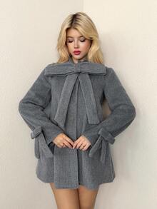 Sweetina Women's Solid Color Long Sleeve Cute Big Bowknot Cardigan, Autumn/Winter - Grey - View 5