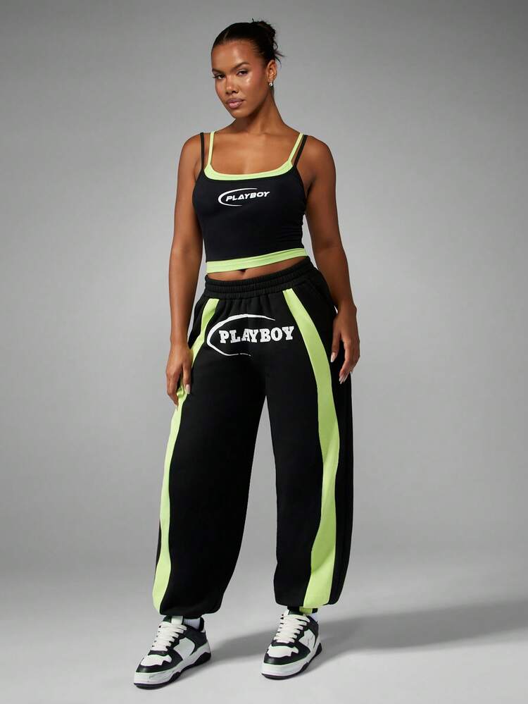 Missguided x Playboy Pantalon de jogging ample style Y2K avec rayures latérales fluo, taille haute, mode de rue décontractée, streetwear ample et lâche, mode automne-hiver