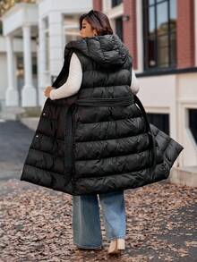 Vionelle 加大码女式连帽大口袋背心夹克长款秋冬时尚保暖外套配腰带冬季秋季羽绒背心 - 黑色 - 查看 3