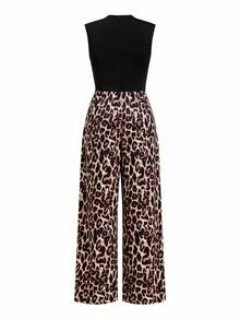 Ellevyn Women's Elegant & Comfortable Leopard Print Jumpsuit, Suitable For Vacation, Spring/Autumn - Multicolor - View 3