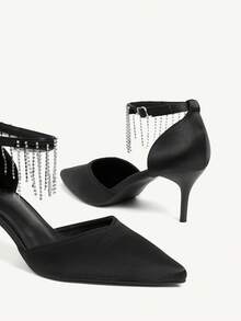 CUCCOO CHICEST Women's Pointed Toe Rhinestone Pendant Mid Heel Pumps, Elegant Luxurious Romantic Gothic Fashion Sexy Black Satin High Heels, Hollow Out Formal Dress Shoes For Wedding, Party, Cocktail, Holiday - Black - View 10