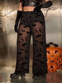 SHEIN EZwear Quần lưới lưới rộng rãi họa tiết dơi Halloween cỡ lớn cho nữ - màu đen - Xem 3