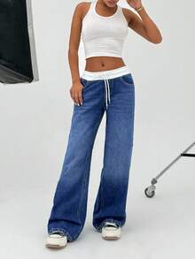 CasuGlow 100%纯棉女式短裙，年轻款低腰阔腿宽松牛仔裤 - 深色水洗藍 - 查看 6