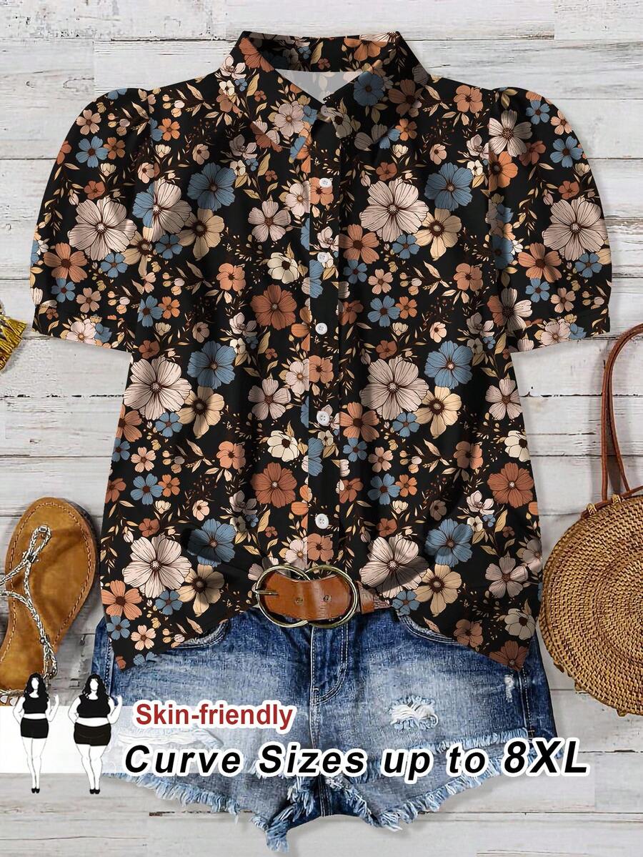 SHEIN CURVE+ Plus Size Women Casual Floral Puff Sleeve Blouse Chic Blouses For Women/Autumn /Winter - White - View 1