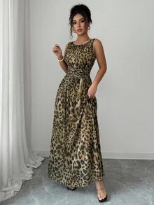 Rafferiza 女式优雅豹纹网眼圆领褶饰腰部抽绳 A 字形无袖长裙 - 卡其色 - 查看 6