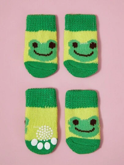 PETSIN 4pcs Frog Print Pet Socks For Dog And Cat For Indoor
