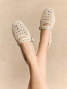 Rosivie 女士优雅镂空平底鞋，时尚舒适，法式方头优雅平底鞋 - 杏色 - 查看 10