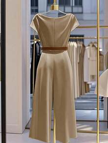 SHEIN Franclia Women's Fashionable & Elegant Plunging Neck Short Sleeve Loose Jumpsuit - Khaki - View 3