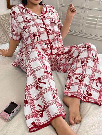 SHEIN Plus Size Plaid Bow Print Bubble Crinkle Short Sleeve Top And Pants Loungewear Set