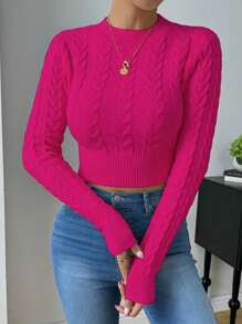 EMERY ROSE Women's Autumn Cable Cable Pattern Crew Neck Long Sleeve Cropped Fitted Sweater Fall Winter Cloth For Women - Hot Pink - View 3