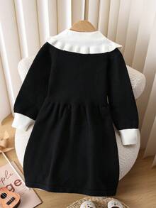 Souflis Souflis Váy len cổ bẻ cho bé gái, váy dệt kim dài tay trang trí nơ, phong cách học thuật, thích hợp mặc hàng ngày, đi chơi, ngày lễ và tiệc tùng, có thể dùng làm quà tặng - màu đen - Xem 9