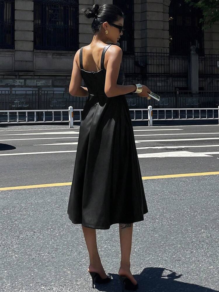 Women's Solid Color Fitted PU Sleeveless Dress, Waist Cinched Umbrella Skirt, Elegant Street Style Midi Dress For Autumn/Winter