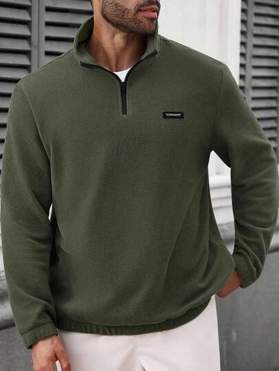 Manfinity CasualCool Moletom masculino de lã com gola alta e zíper, manga comprida, solto, grosso, casual, esportivo, cor sólida, para academia e treino, jaqueta de malha