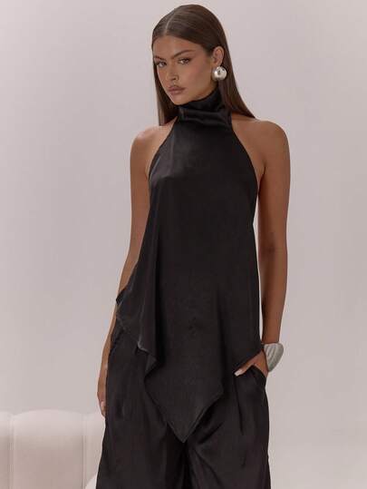 MUSERA Top con cuello alto, drapeado de satén, espalda abierta con lazo, elegante y sexy para ocasiones especiales, vacaciones, otoño, invierno, fiestas navideñas, elegante