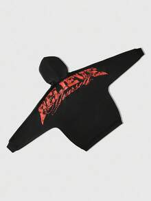 ROMWE MEN Street Life Men's Retro Street Style Letter & Number Print Zip-Up Hoodie, Fall - Black - View 2