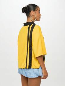 SUMWON WOMEN Boxy Varsity Style Collared Polo Top With Diagonal Stripe Detail And Number Print Half Sleeve Drop Shoulder Casual Preppy Oversize Tshirt - Yellow - View 2