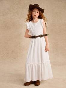 Tween Girl Elegant Lace Patchwork Long Dress,Holiday,Summer,Travel - White - View 4