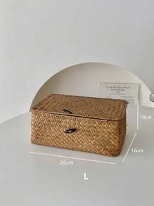 Cirelle 1pc Japanese Style Desktop Storage Box Hand-Woven Coffee Table Snack Sundries Storage Basket Straw Woven Lid Storage Basket, Rama Comfort Home, Back To School Use, Dorm Essentials, Summer Home Decor - Yellow - View 8