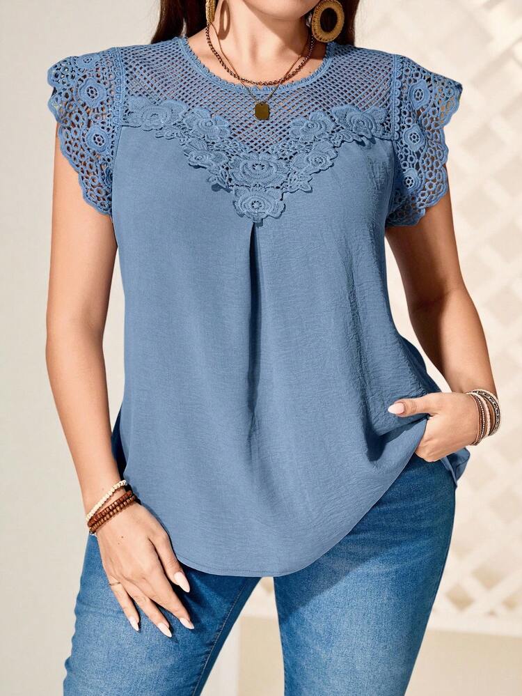 Plus Size Women Water-Soluble Lace Tunic Tops Dressy Blouses , Vacation Summer,Spring