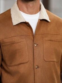 Manfinity CasualCool Áo khoác nam tay dài cổ màu tương phản, túi đơn cài khuy, áo khoác Sherpa màu nâu thời trang thu đông - Cà phê nâu - Xem 6