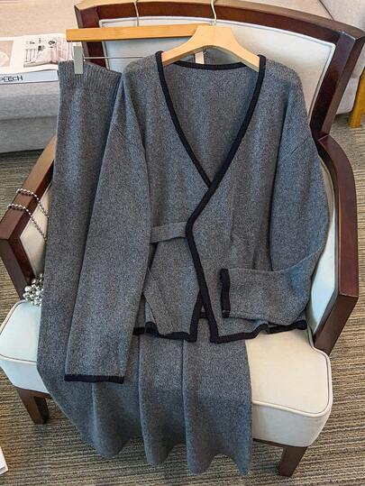 GlowEve CURVE Plus Size Contrast Color Trim Long Sleeve Top & Bottom Knit Set Winter Fall Autumn