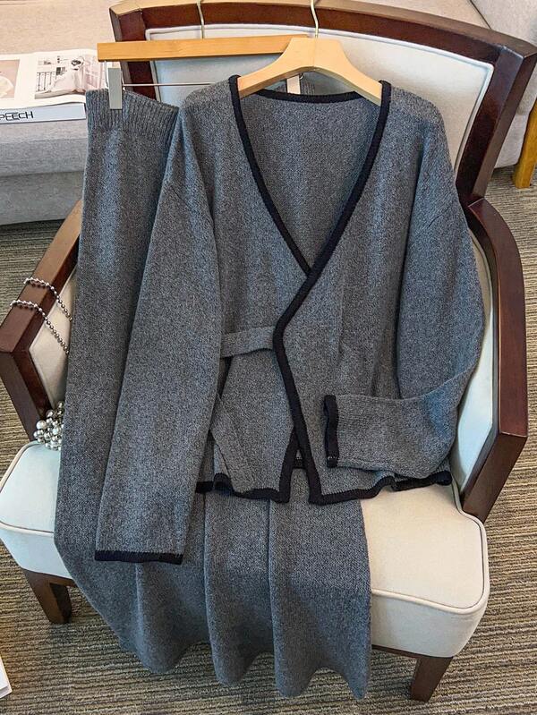 GlowEve CURVE Plus Size Contrast Color Trim Long Sleeve Top & Bottom Knit Set Winter Fall Autumn