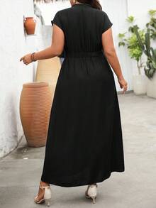 Flirla Plus Size Women's French Style Vacation Beach Dress, V-Neck Button Down Dropped Shoulder Sleeve, Waist Tie, Maxi Length