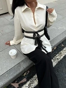 Siren Gaze 女士黑色铆钉腰衬衫，秋冬新品 - 黑色 - 查看 5