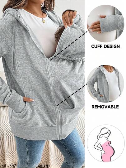SHEIN جاكيت هودي 3 في 1 للحوامل مع جيب، سويت شيرت حمل بلون موحد، ملابس خارجية بسحاب، ملابس نسائية للخريف، بسيط، كأس العالم
