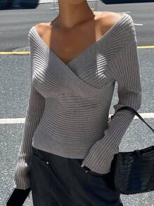 Livesso Women's V-Neck Long Sleeve Casual Fitted Sweater, Autumn - Grey - View 5