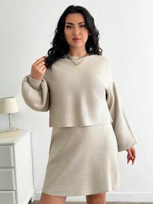 EURMUSE Plus Size Batwing Sleeve Sweater & Knit Skirt - Apricot - View 3