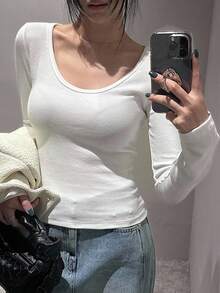 DAZY Áo ba lỗ cơ bản ôm vừa vặn, thoải mái, tay dài - trắng - Xem 2