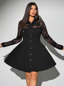 Viva Relle Váy dài tay chắp vá ren cỡ lớn - màu đen - Xem 5