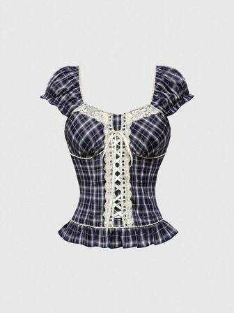 ROMWE Avant Blusa con lazo y adorno de encaje estilo francés romántico para mujer