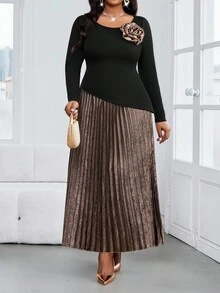 SHEIN Lady Women's Black Autumn Elegant Two Pieces Suit,Formal Evening Wedding Guest Luxury Plus Size Pleated Maxi Skirt & 3D Flower Knitted Round Neck Top - Multicolor - View 3