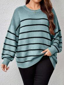 EURMUSE Plus Size Plus Size Loose Fit Colorblock Striped Pullover Sweater - Mint Green - View 4