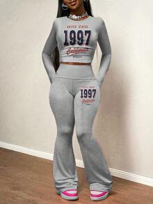 Slaydiva 2 Stücke/Set für Damen in Übergröße: Lässiges Langarm-Top mit Rundhalsausschnitt und ausgestellte Hose mit weitem Bein, Yoga-Outfit, Streetwear, Vintage-Grafik von 1997, 2 Stücke Set, Damen-Langarm-Zweiteiler, bequemes 2 Stücke Lounge-Set, graues 2 Stücke Set
