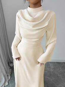 Selianne 女式立领褶皱长袖纯色中长连衣裙女装 - 杏色 - 查看 3