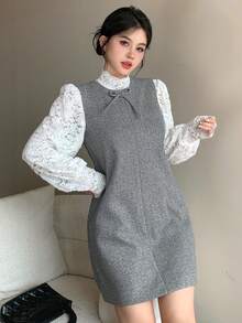 DAZY 女士宽松休闲甜美蝴蝶结装饰无袖连衣裙，秋冬季短款连衣裙 - 灰色 - 查看 2