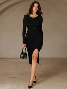 Chiquease 欧美风圆领开衩水钻缀饰长袖女式毛衣裙 - 黑色 - 查看 6