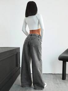 EURMUSE 低腰休闲牛仔风格女式牛仔裤，适合日常穿着 - 灰色 - 查看 2