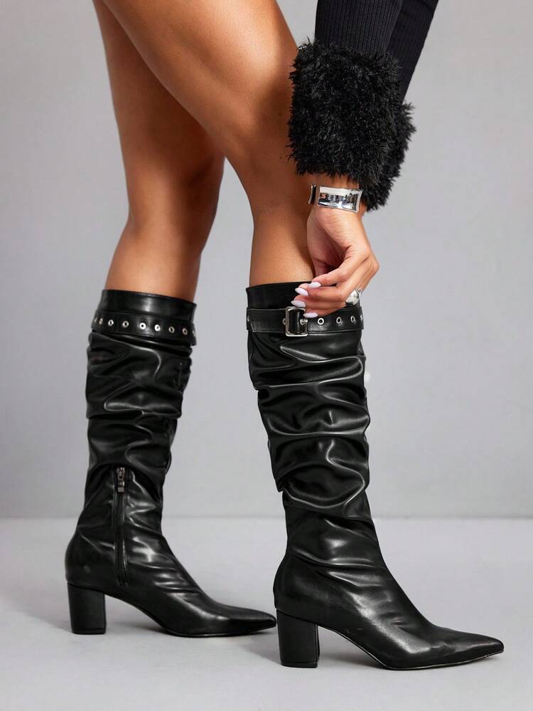 CUCCOO SZL 女性ファッション セクシー ハイヒール ロングブーツ、太ヒール 無地、プロフェッショナル&デートスタイル、サイドジッパー、エレガントなパーティーブーツ