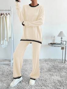 SHEIN LUNE 女士休闲撞色针织毛衣和裤子两件套，秋冬 - 彩色 - 查看 4
