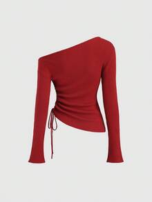 Sweetra Nouveau Top tricoté ajusté avec taille cintrée, épaule asymétrique et décorations de boutons, en rouge ample - Rouge - Voir 2