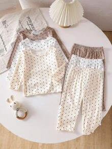 SHEIN Vintaside Kids 女婴圆点印花圆领长袖T恤和裤子两件套 - 彩色 - 查看 1