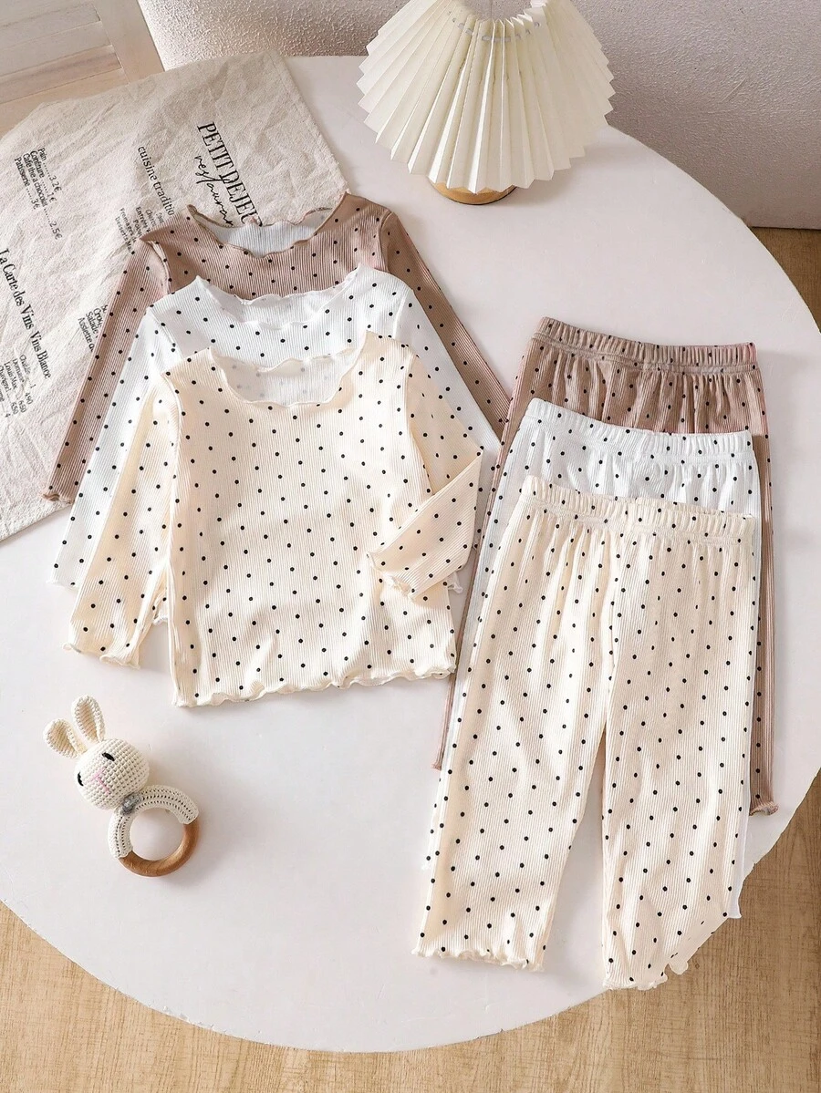 SHEIN Vintaside Kids 女婴圆点印花圆领长袖T恤和裤子两件套 - 彩色 - 查看 1